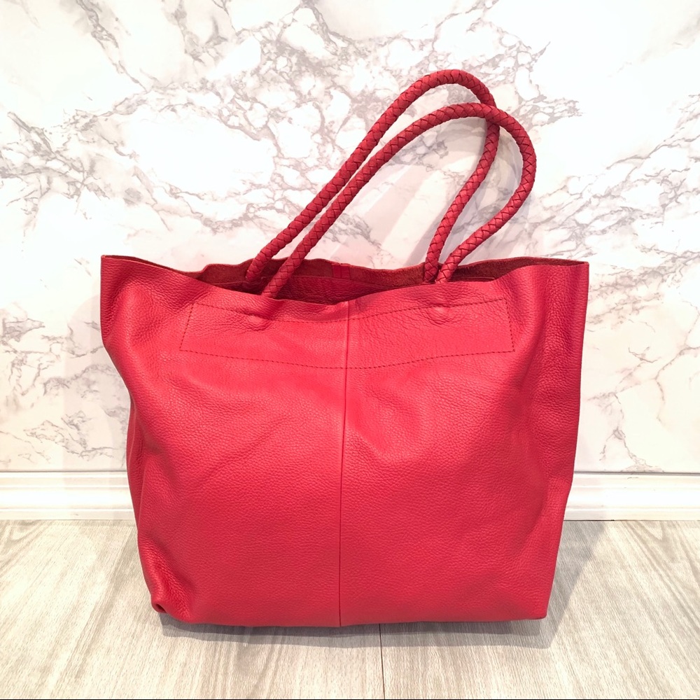Maje Sun Pebbled Leather Tote in Framboise